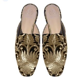 Tory Burch “Carlotta Brocade” Black & Gold Mules